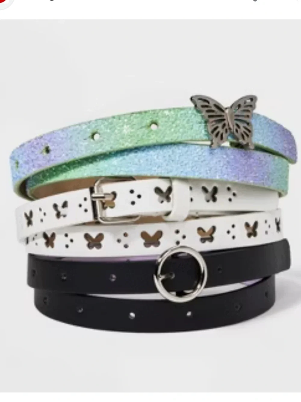 Cat & Jack 3 Belts Set Butterfly Glitter White Cutout & Black Ring Belt Size XL
